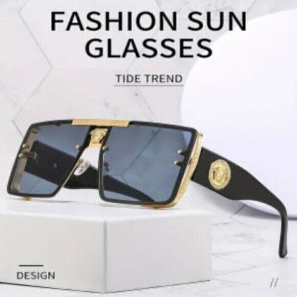 Black Sports Sunglasses Rivet Metal Frame Large Square Gold Frame main image 9